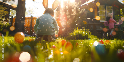Family enjoying an Easter egg hunt in the backyard

 photo