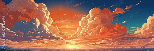 Wide angle animation anime panoramic landscape of orange clouds on the sky from Generative AI
