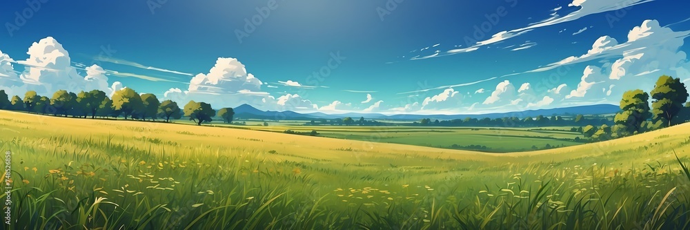 Obraz premium Wide angle animation anime panoramic landscape of prairie grasslands from Generative AI