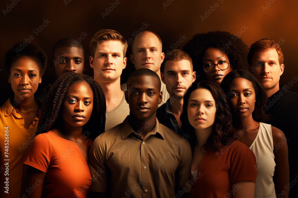 Multicultural group of people with various ethnicities standing together at brown background Multicultural group of people with various ethnicities standing together at brown background