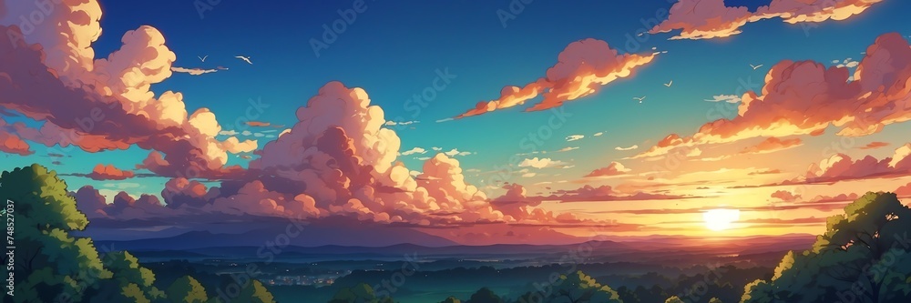 Wide angle animation anime panoramic landscape of sunset clouds on the ...