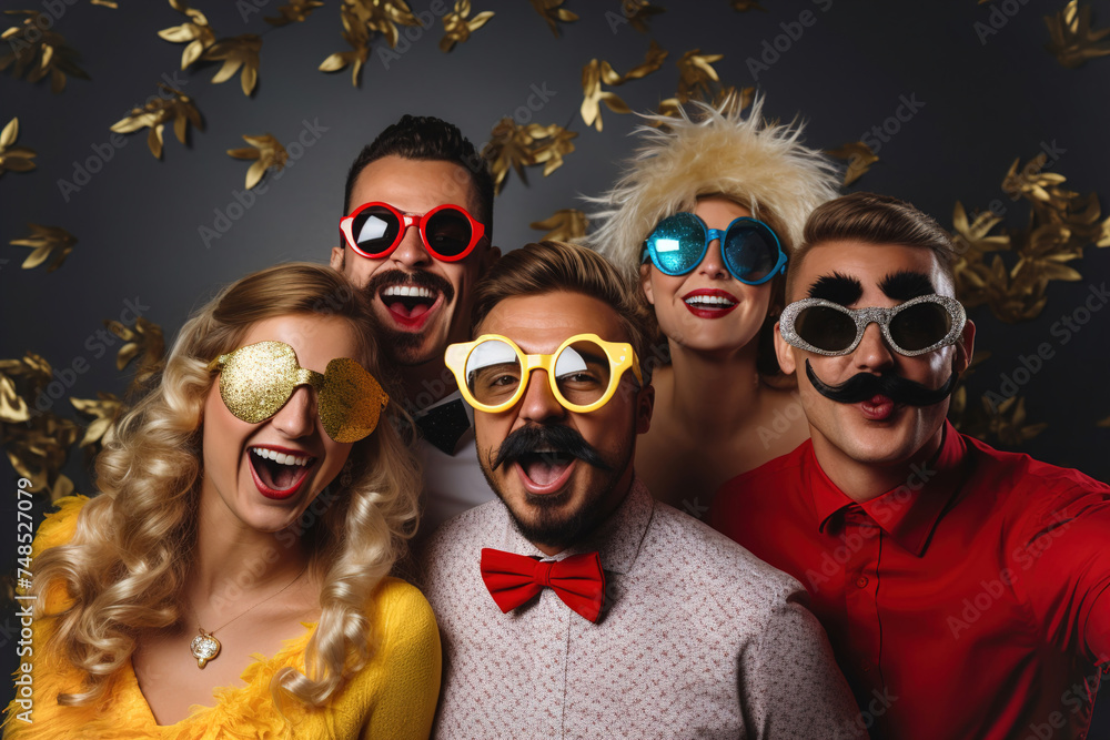 A group of young people take a picture at a party wearing fake mustaches, lips, big funny glasses. A colorful party with confetti and lots of balloons. Funny costumes.