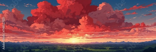 Wide angle animation anime panoramic landscape of red clouds on the sky from Generative AI