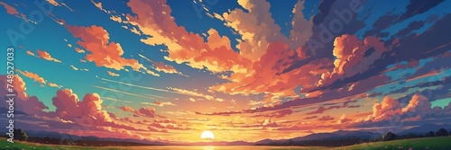Wide angle animation anime panoramic landscape of sunset clouds on the sky from Generative AI