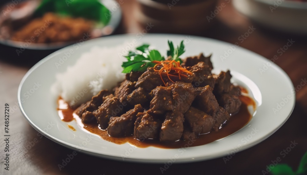 view of aesthetic beef rendang with some garnish on top image background