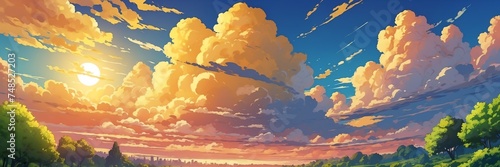 Wide angle animation anime panoramic landscape of yellow clouds on the sky from Generative AI