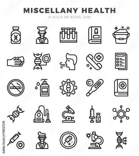 Set of MISCELLANY HEALTH Icons. Simple Lineal art style icons pack. Vector illustration.