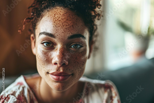 Young girl close-up looking to the camera has vitiligo spots on her face.