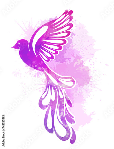 Vector flying watercolor violet bird with sprays isolated from background. Gentle symbol of freedom. Design element