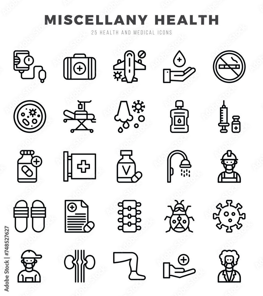 Set of MISCELLANY HEALTH Icons. Simple Lineal art style icons pack. Vector illustration. Set of MISCELLANY HEALTH Icons. Simple Lineal art style icons pack. Vector illustration.