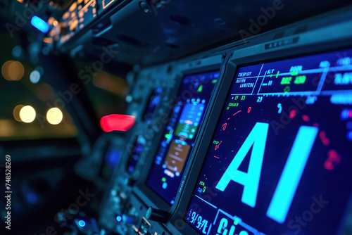 The dashboard of a plane lights up on the display with the phrase AI.