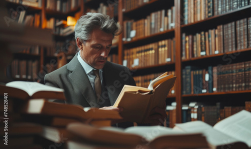 Mature Professional Studying Legal Texts: A Thoughtful Man in a Library Filled with Books