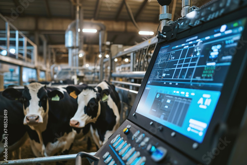 A high-tech cow farm managed by artificial intelligence. Dashboard with phrase AI and cows. photo