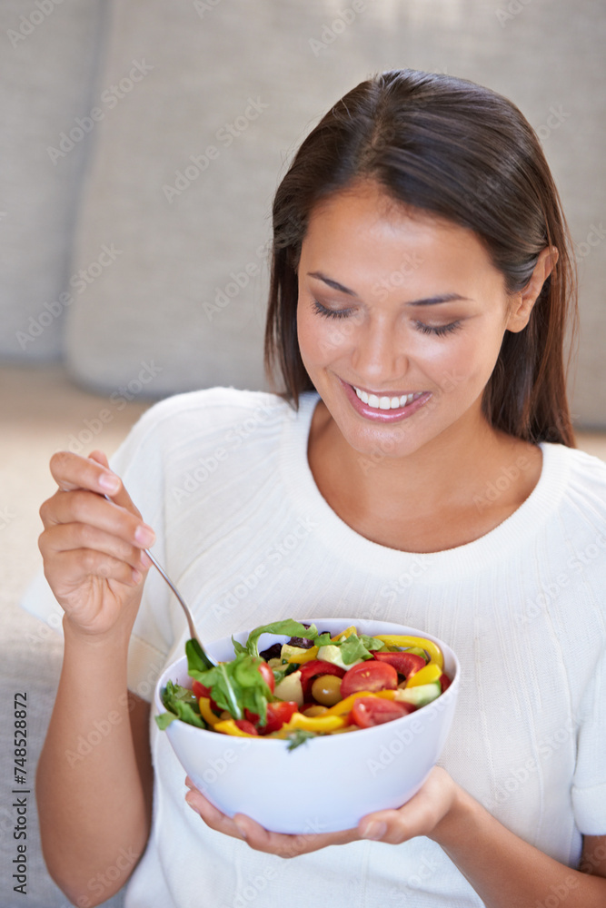Nutrition, eating and portrait of woman with salad for organic, wellness and fresh diet lunch. Food, vegetables and young female person enjoying produce meal, dinner or supper for health at home. Nutrition, eating and portrait of woman with salad for organic, wellness and fresh diet lunch. Food, vegetables and young female person enjoying produce meal, dinner or supper for health at home.