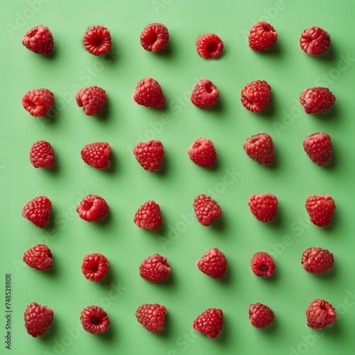 raspberry berries on green background.