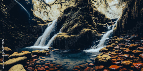 Enchanted Waterfall. A waterfall cascades down moss-covered rocks, revealing a secret grotto behind its veil. photo