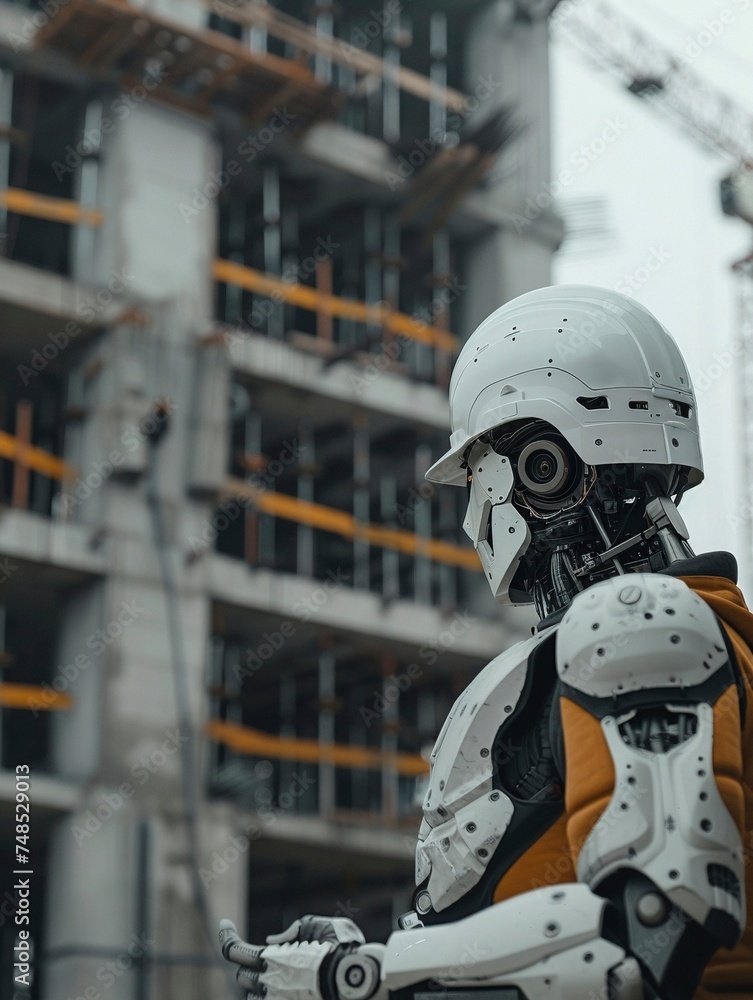 Futuristic robot working on construction site Futuristic robot working on construction site