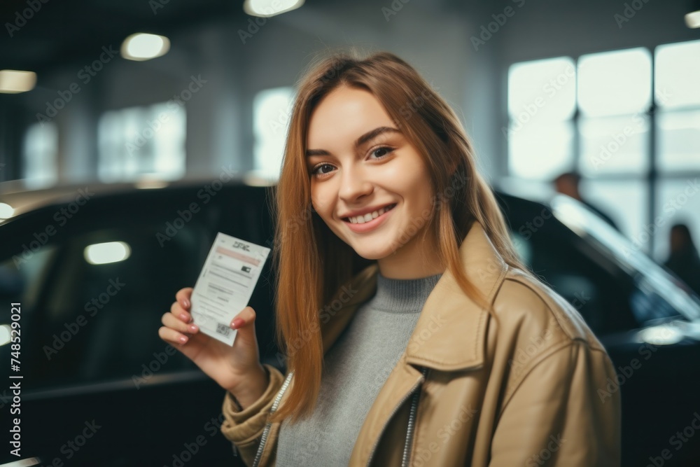 Beautiful young woman successfully passes the driving school test. Woman smiling and holding a driver's license