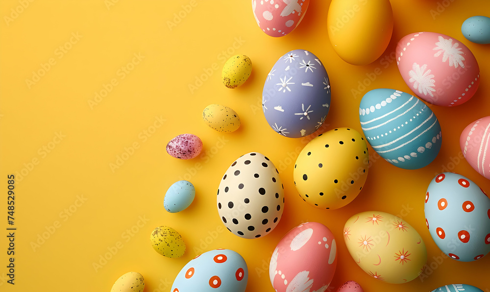 Happy easter colourful easter eggs on yellow background decoration concept for greetings and presents on easter