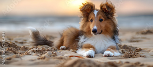 A young Shetland Sheepdog with a fluffy brown and white coat is lying down on top of a sandy beach, enjoying the warm sun and ocean breeze.  © assia