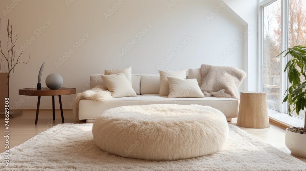 Inside, a comfortable minimalist living room with stylish furniture and a round beige shag rug.