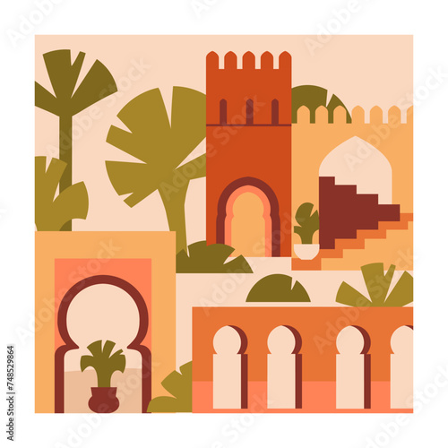 Morocco, Marrakech card. Moroccan building, Berber architecture, Medica tower, traditional arches, palm trees, square postcard. Ancient Marrakesh palace. Modern bohemian flat vector illustration