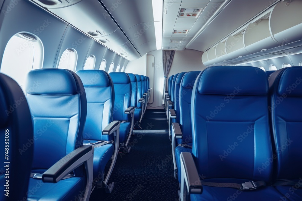 Inside the empty cabin of the plane were blue airline seats.