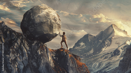 Man climbing the mountain with a big stone in his hand