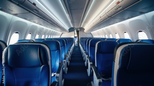 Inside the empty cabin of the plane were blue airline seats.