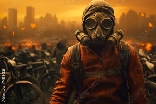  A bicycle male rider wearing a pollution mask with cars and their emissions in the background, emphasizing alternative transportation