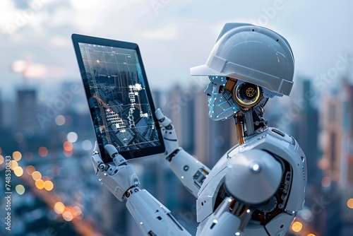 Futuristic robot working on construction site