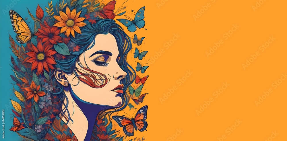 Captivating side profile of a stunning woman adorned with a cascade of vibrant flowers and delicate butterflies, embodying natural beauty and grace. celebrating women's day
