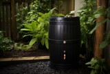 Weathered Black rain barrel sitting outside. Rain water collection equipment for gardening. Generate ai