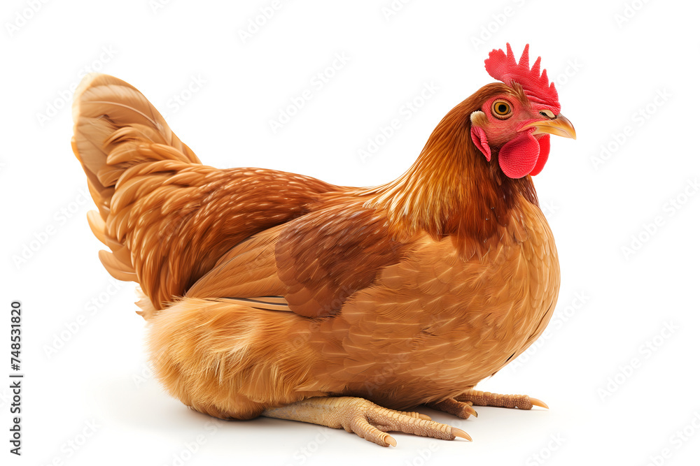Fototapeta premium Chicken hen sitting on white background. Neural network generated image. Not based on any actual scene or pattern.