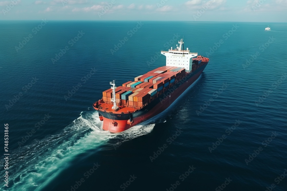 Aerial view of cargo ship at sea