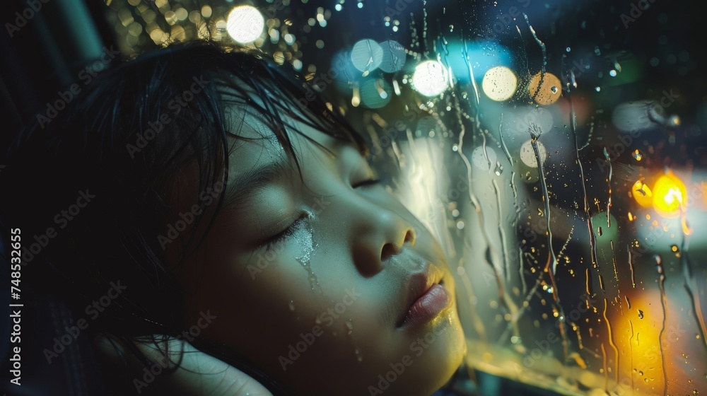 cute little asian girl sleeping in a car with rain outside cute little asian girl sleeping in a car with rain outside