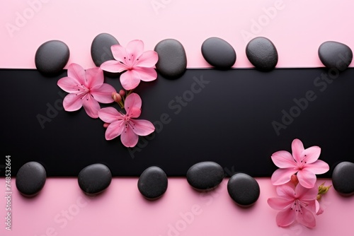 Black spa stones and flowers isolated on pink background with space for text.