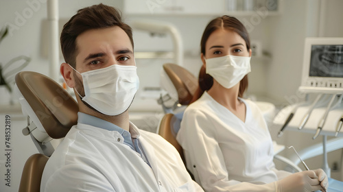 Low angle portrait of male and female dentists wearing masks while working in dental clinic