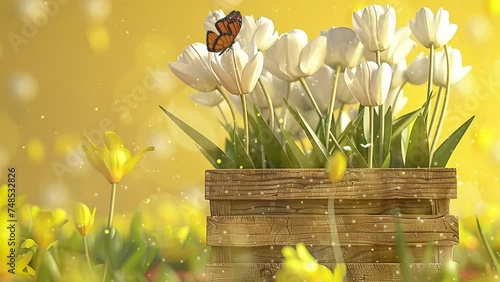yellow background with  white flowers in wooden basket. seamless looping overlay 4k virtual video animation background