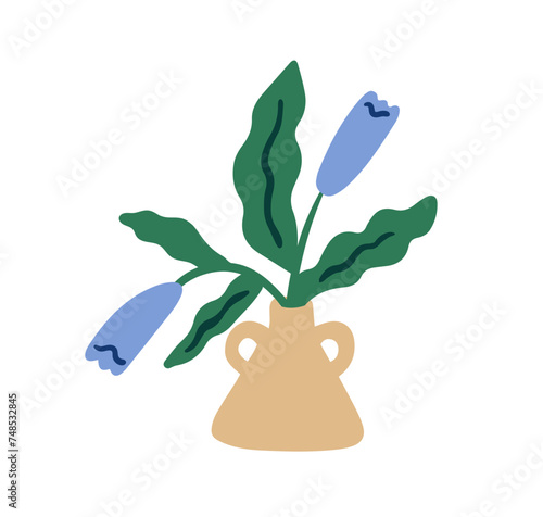 Spring flowers in vase. Floral plants, summer blooms and leaf. Fresh blossomed wildflowers, gentle delicate buds. Modern natural decoration. Flat vector illustration isolated on white background