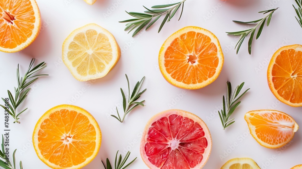 Fresh Citrus Fruit Slices and Herbs on Bright White Background Fresh Citrus Fruit Slices and Herbs on Bright White Background