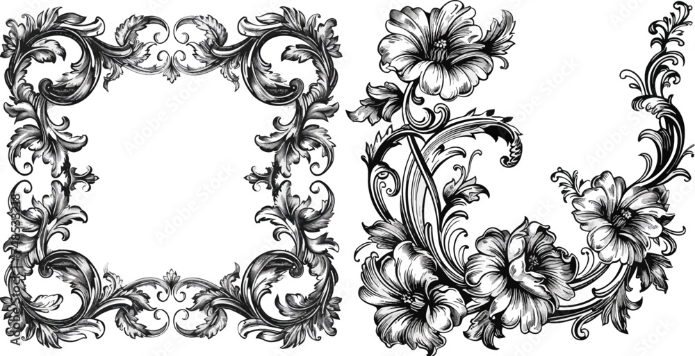 Vintage Baroque Victorian frame border floral ornament tattoo black and white Japanese filigree calligraphic vector heraldic swirl - obrazy, fototapety, plakaty 
