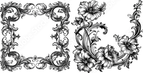 Vintage Baroque Victorian frame border floral ornament tattoo black and white Japanese filigree calligraphic vector heraldic swirl