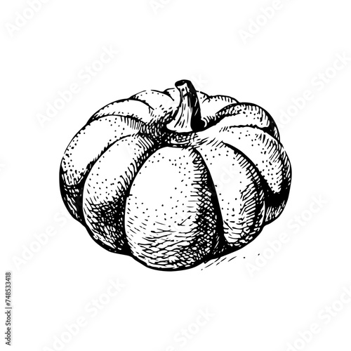 Hand drawn sketch vegetable pumpkin. Eco food. Vector vintage black and white Halloween illustration (ID: 748533418)
