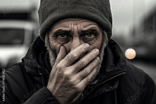 
A middle-aged Caucasian man, about 56 years old, wrinkling his nose and covering it with his hand, near passing traffic photo