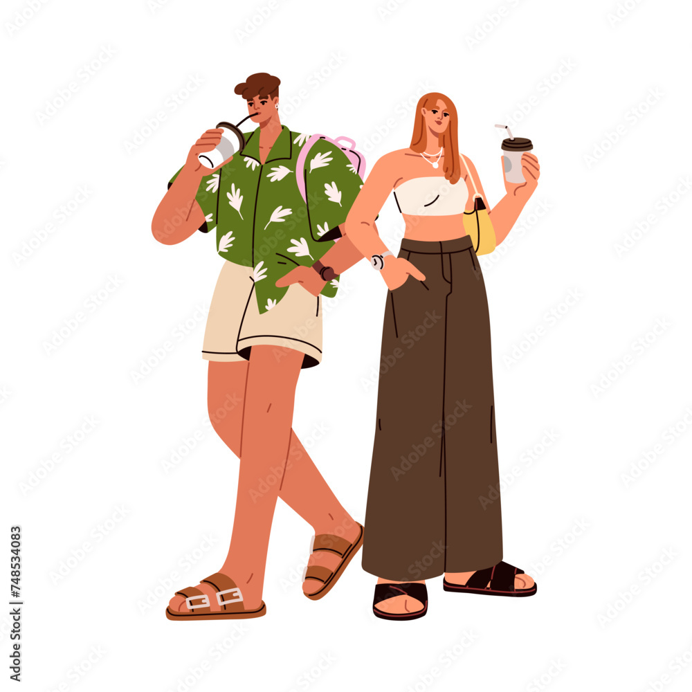Fototapeta premium Couple in fashion summer outfit. Modern young man in shorts and woman in trendy clothes, holding takeaway cold drinks. People in stylish apparel. Flat vector illustration isolated on white background