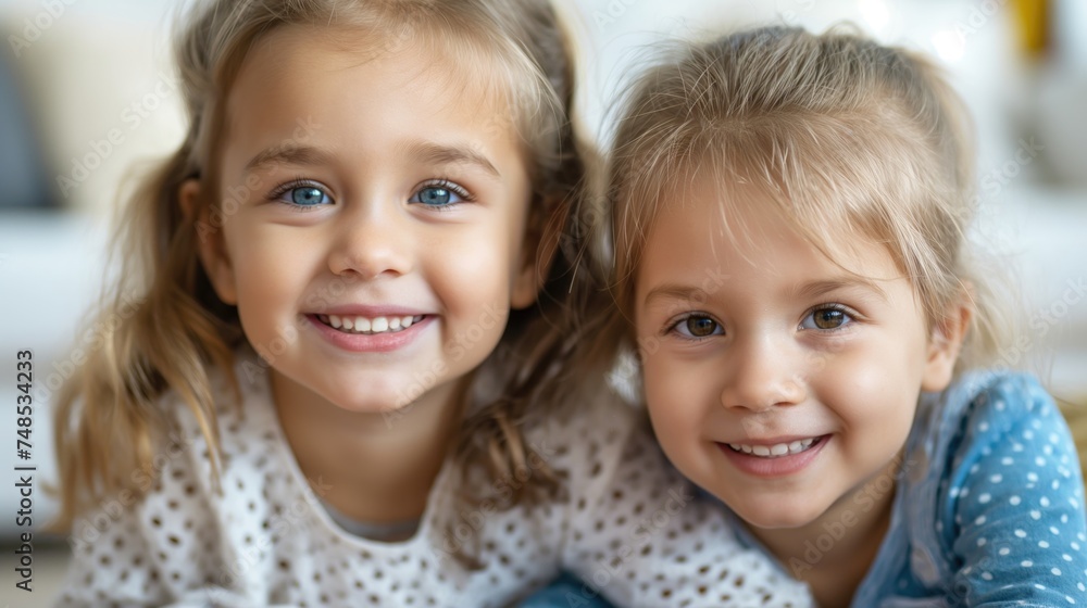 Close up portrait of two smiling little girls looking at camera at home. Happy siblings day Close up portrait of two smiling little girls looking at camera at home. Happy siblings day