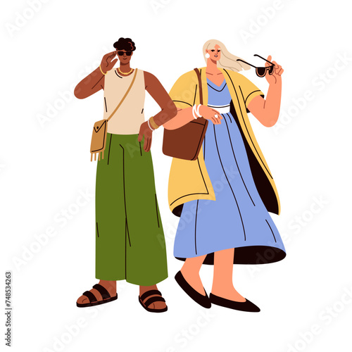 Modern young people in fashion summer outfit. Stylish man and woman wearing trendy season apparel, clothes. Biracial couple in sunglasses. Flat vector illustration isolated on white background