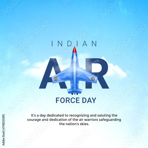 Indian Air Force Day card with a blue background, featuring aircraft illustrations. Celebrates the bravery and dedication of the Indian Air Force with a message of honor and patriotism