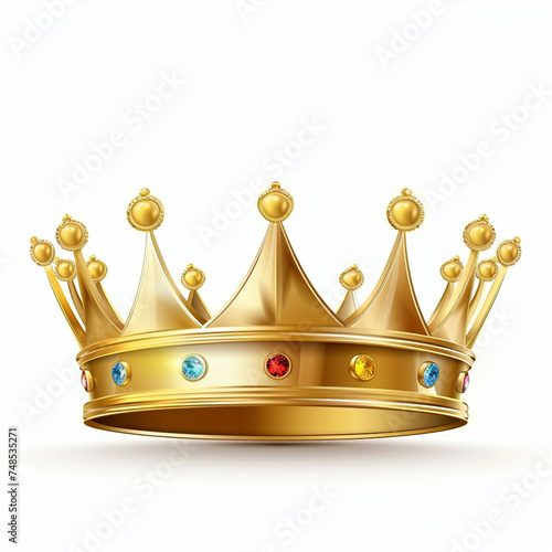 A gold king or queen crown, 3d vector illustration, icon or symbol, isolated on white background. 
